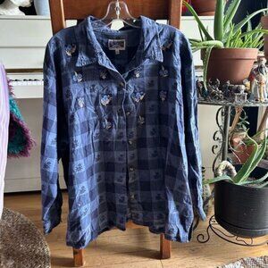 Vintage Blue Checkered Embroidered Blouse by Nevada